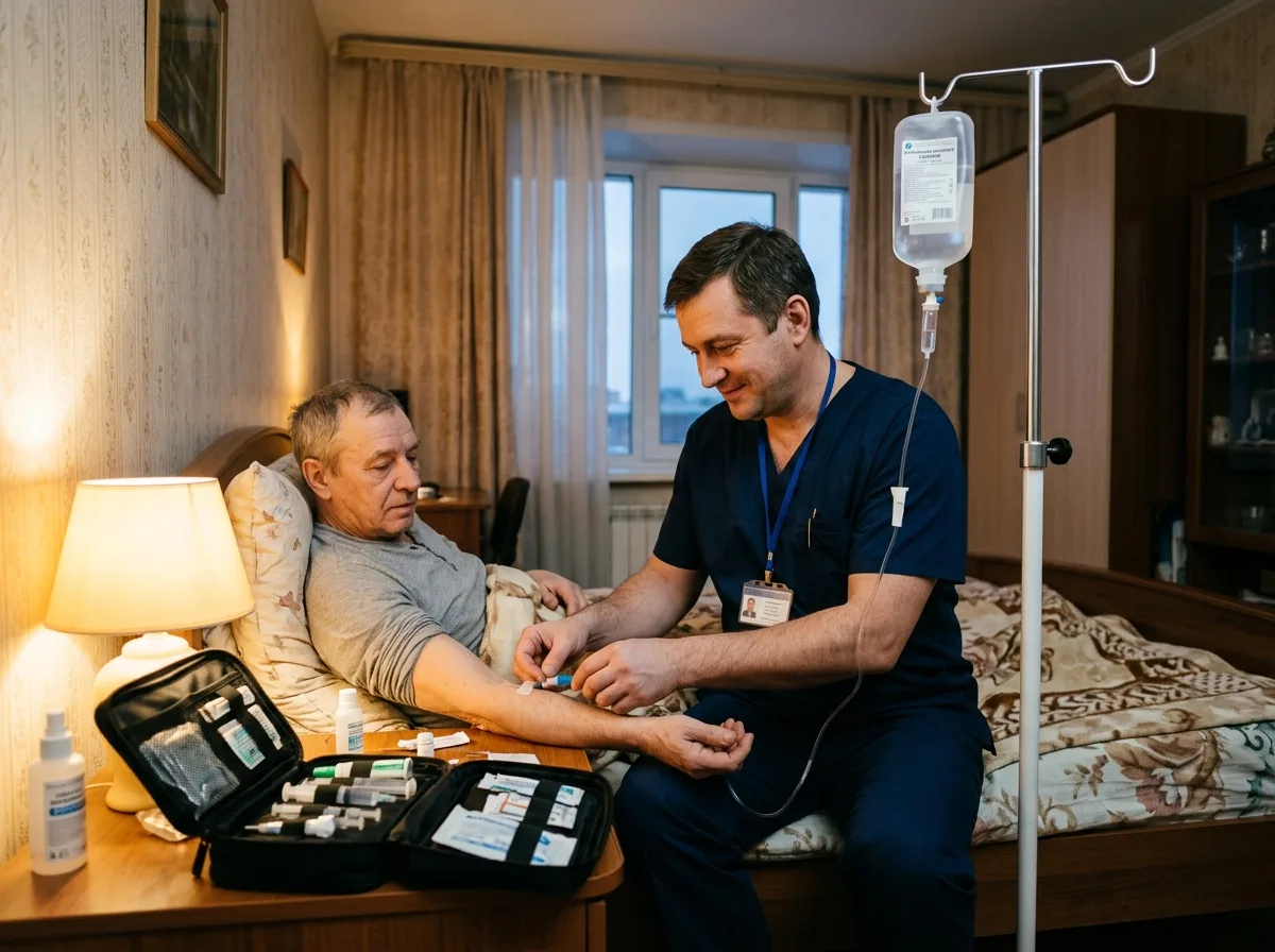 Врач-нарколог приезжает на дом к пациенту в Екатеринбурге, ставит капельницу в спальне, медицинская сумка на столе, тёплое домашнее освещение